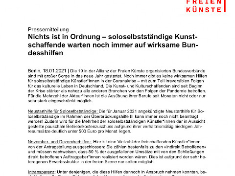 Nichts ist in Ordnung – soloselbstständige Kunstschaffende warten noch immer auf wirksame Bundesshilfen